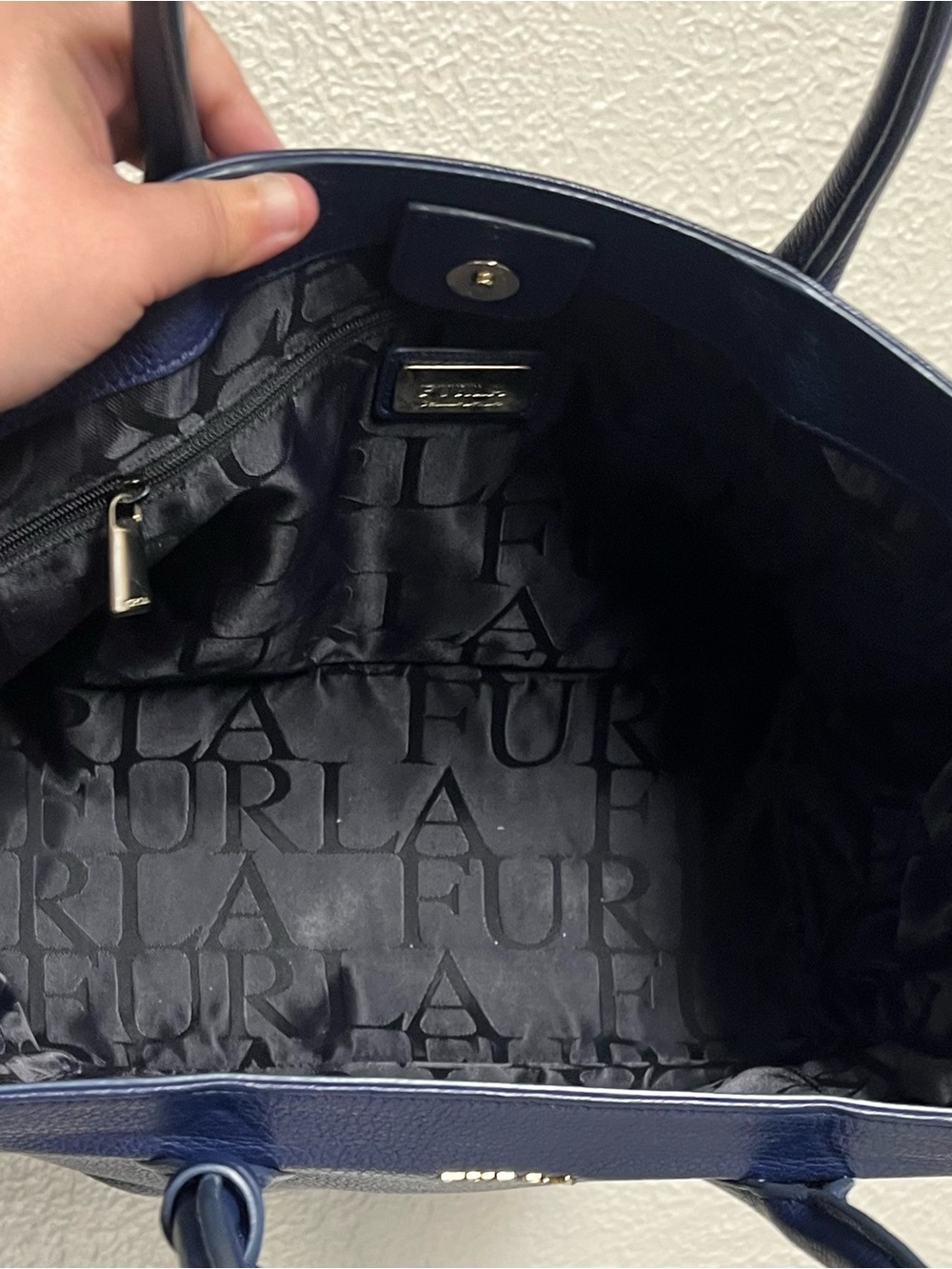 Furla Deep Blue Pebbled Leather Tote - Picture 9 of 12
